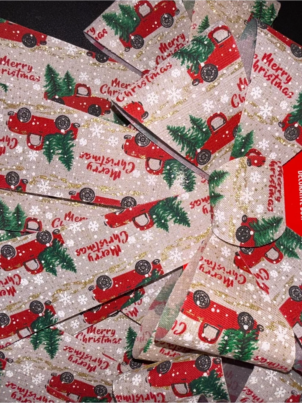 6 Red Truck Christmas Ribbon Bow with Green Trees and Gold Accents
